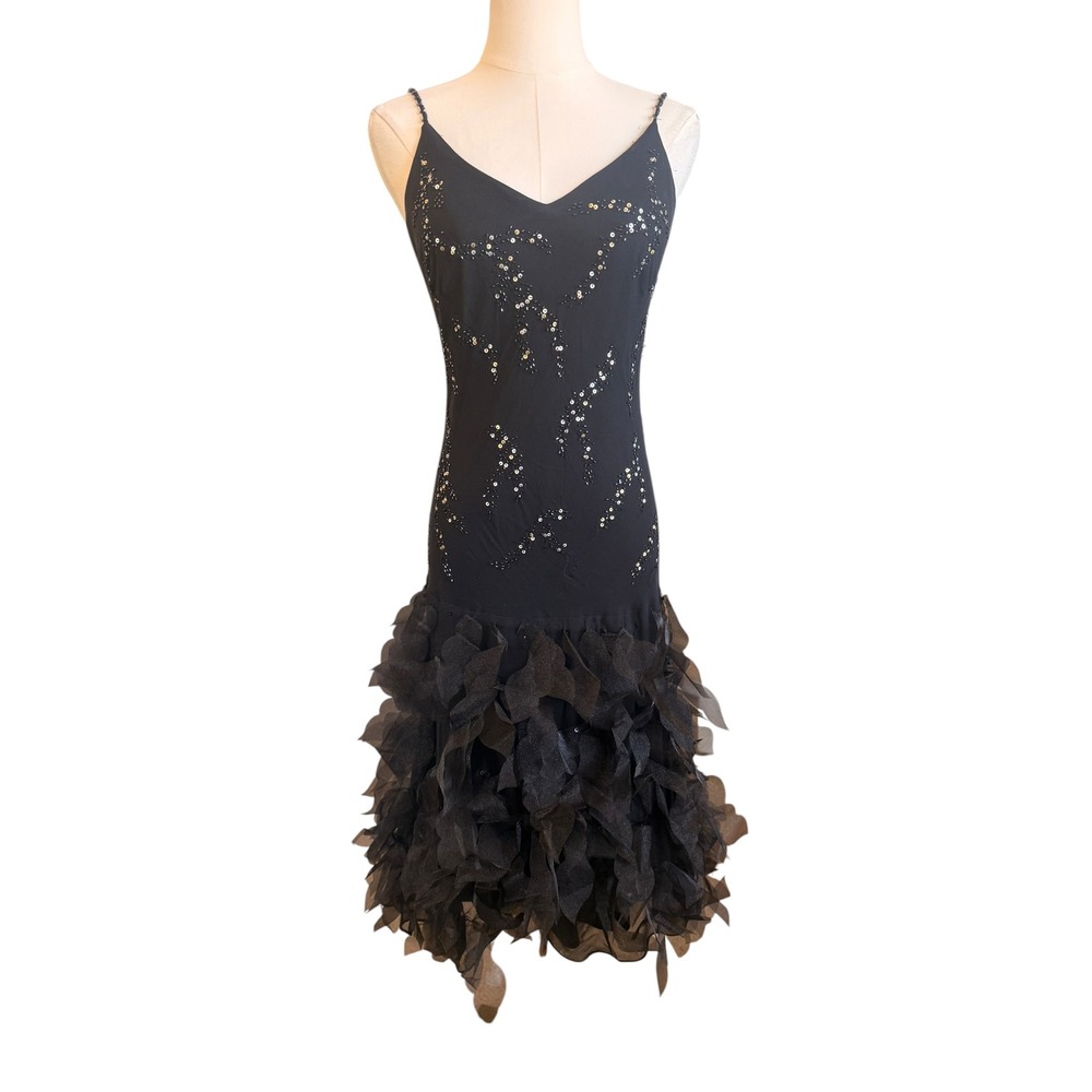 Xscape Joanna Chen Black 100% Silk Beaded Ruffle Cocktail Dress Size 4